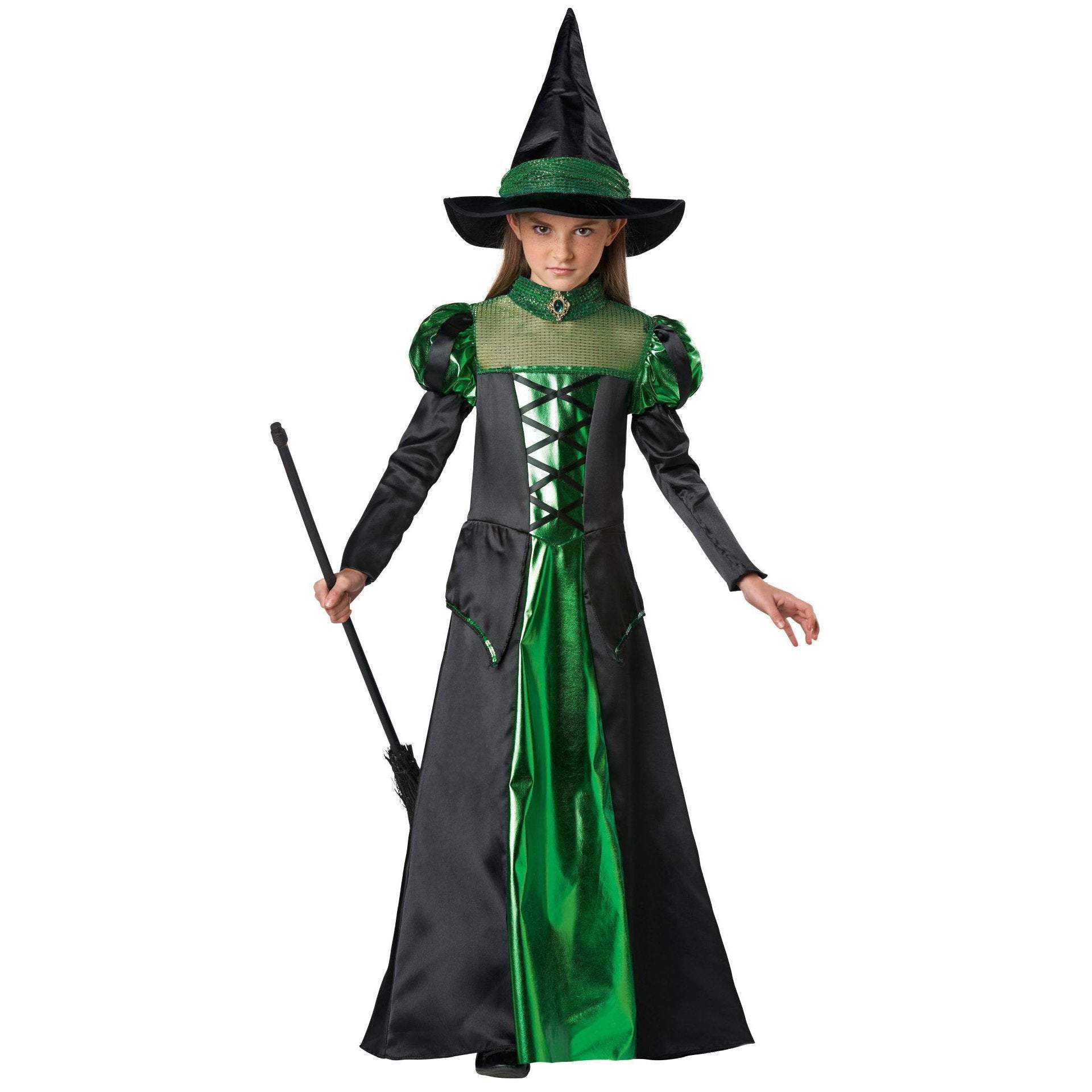 Girl's Emerald Witch Cosplay Halloween Green and Black Witch Dress Costumes for Kids