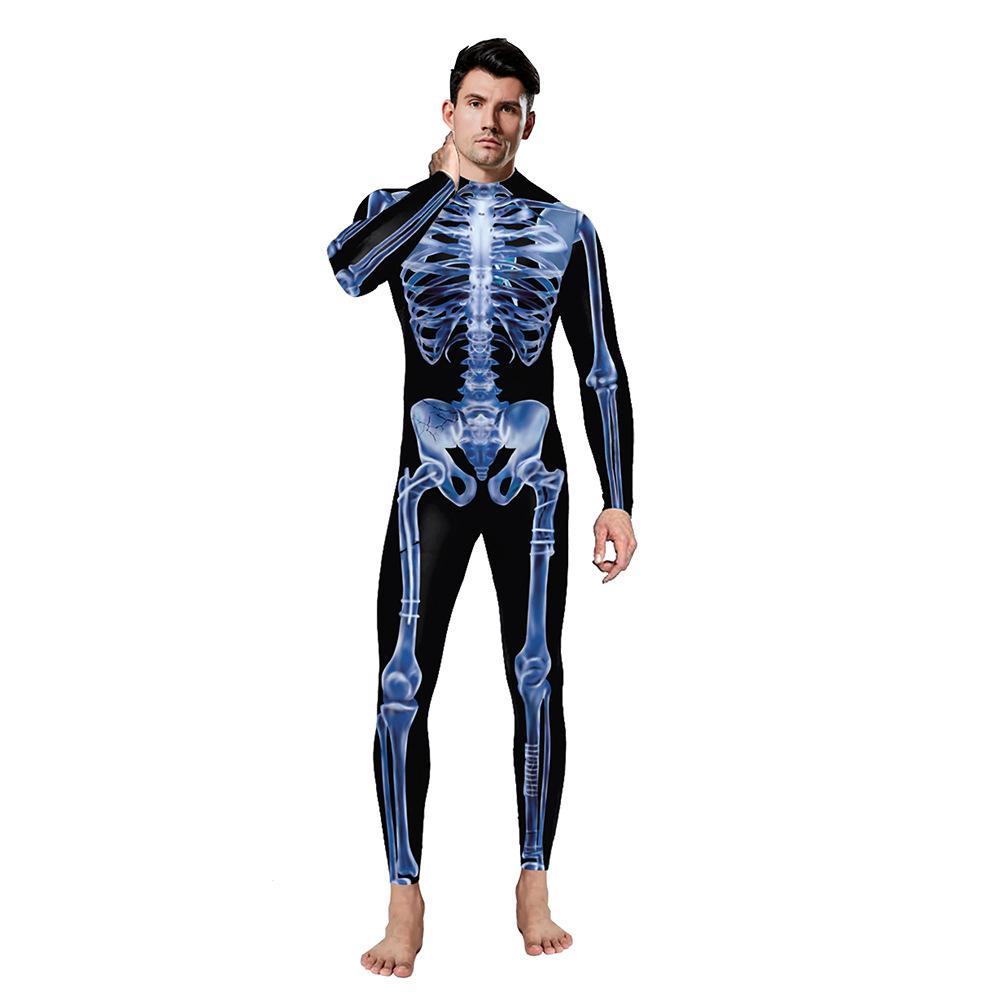 Halloween Costume Skull Cosplay Jumpsuit Skeleton Onesie Bodysuit Zentai for Adults