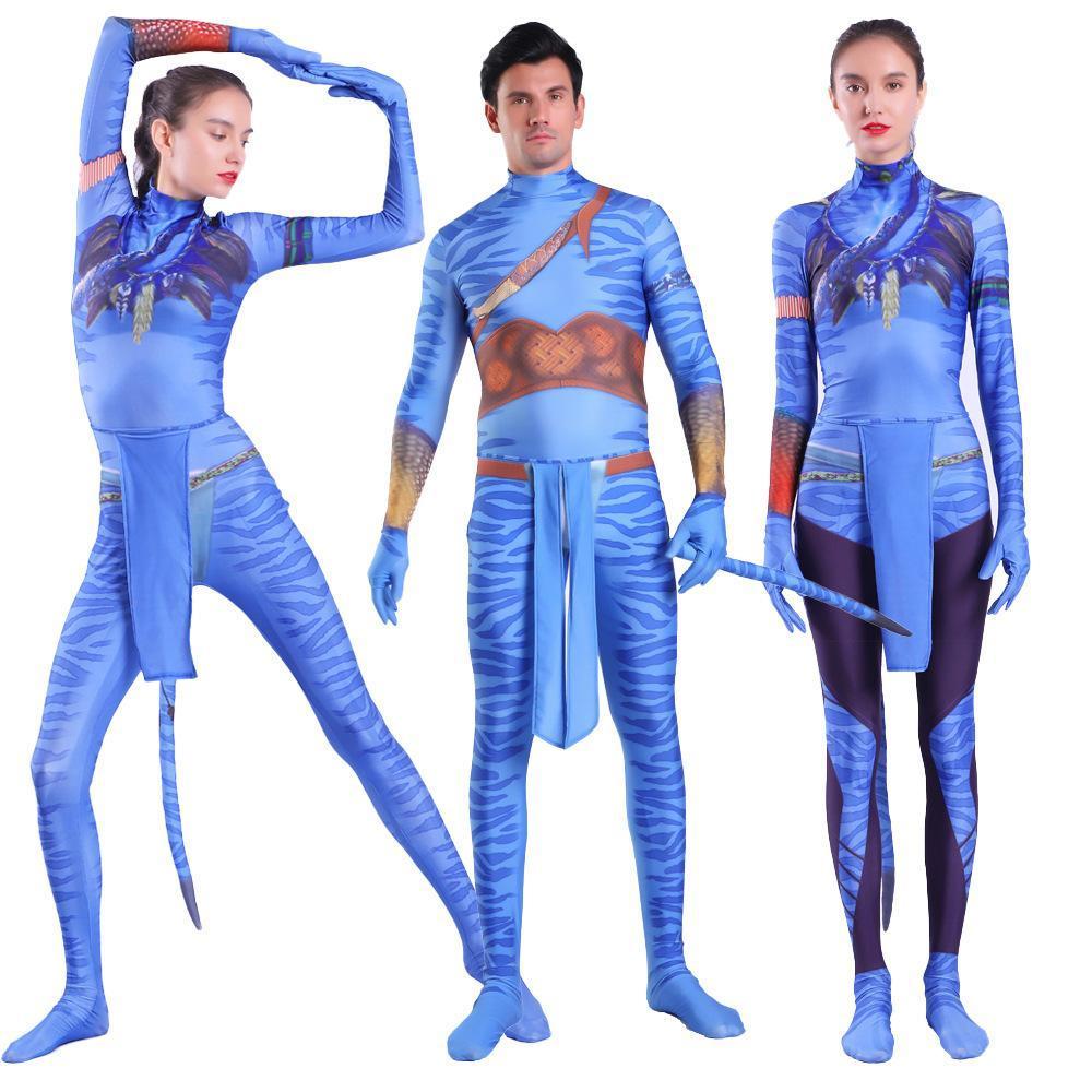 Avatar 2 Neytiri Battle Costume Tail Suit Unisex Jumpsuit Halloween Cosplay Zentai Bodysuit for Adult Kids