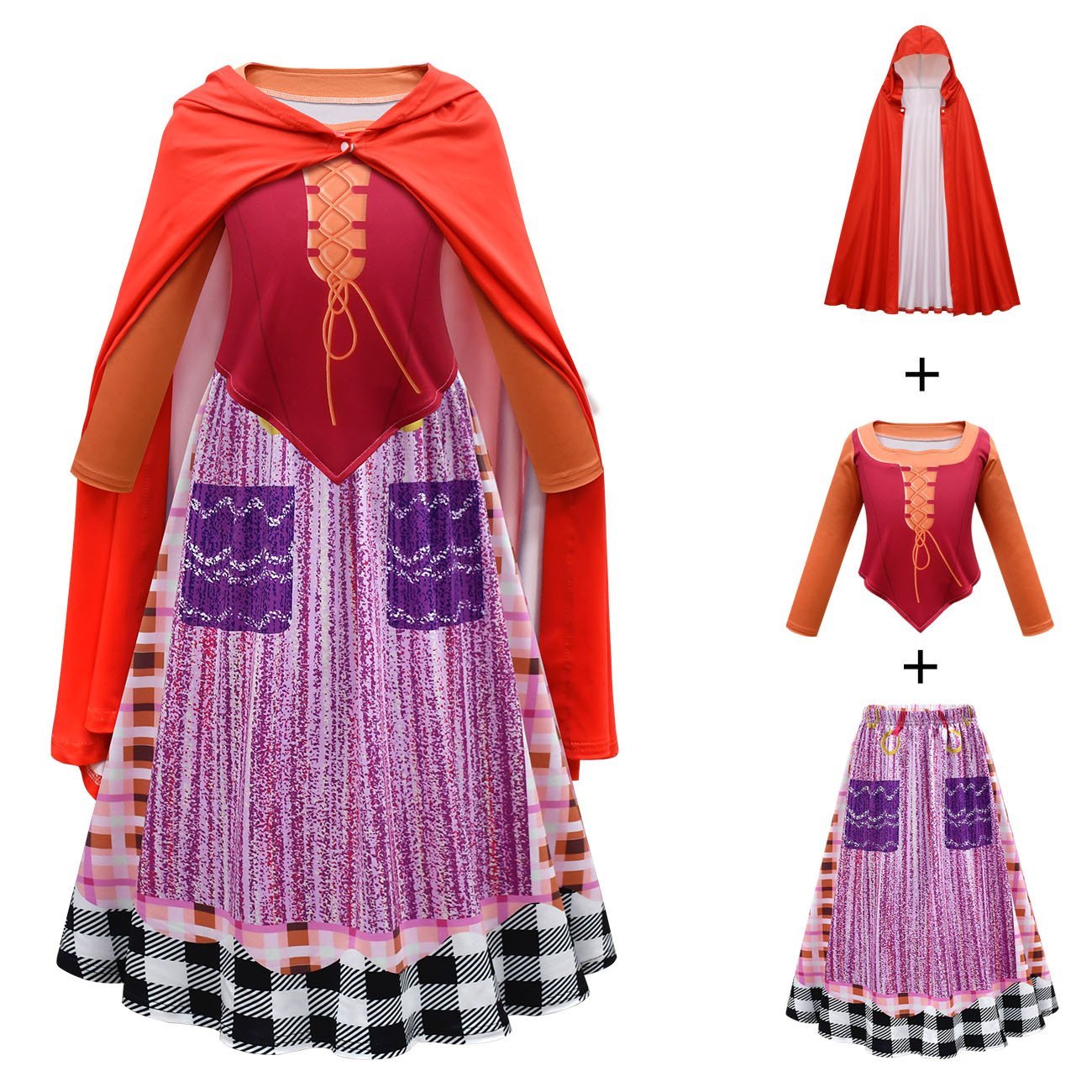 Girls' Hocus Pocus Mary Sanderson Cosplay Costumes Halloween long dress cape  Outfit For Kids