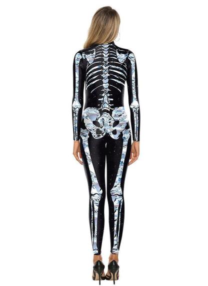 Halloween White Skeleton Elastic Bodycon Jumpsuit Cosplay Costume