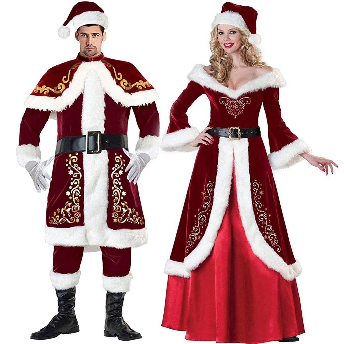 Men Women Luxurious Adult Velvet Christmas Santa Claus Costume Outfit
