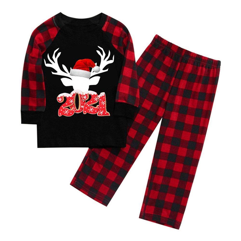 Christmas Family Matching Pajamas Elk Christmas Hat Plaid Long Sleeve Sleepwear Set