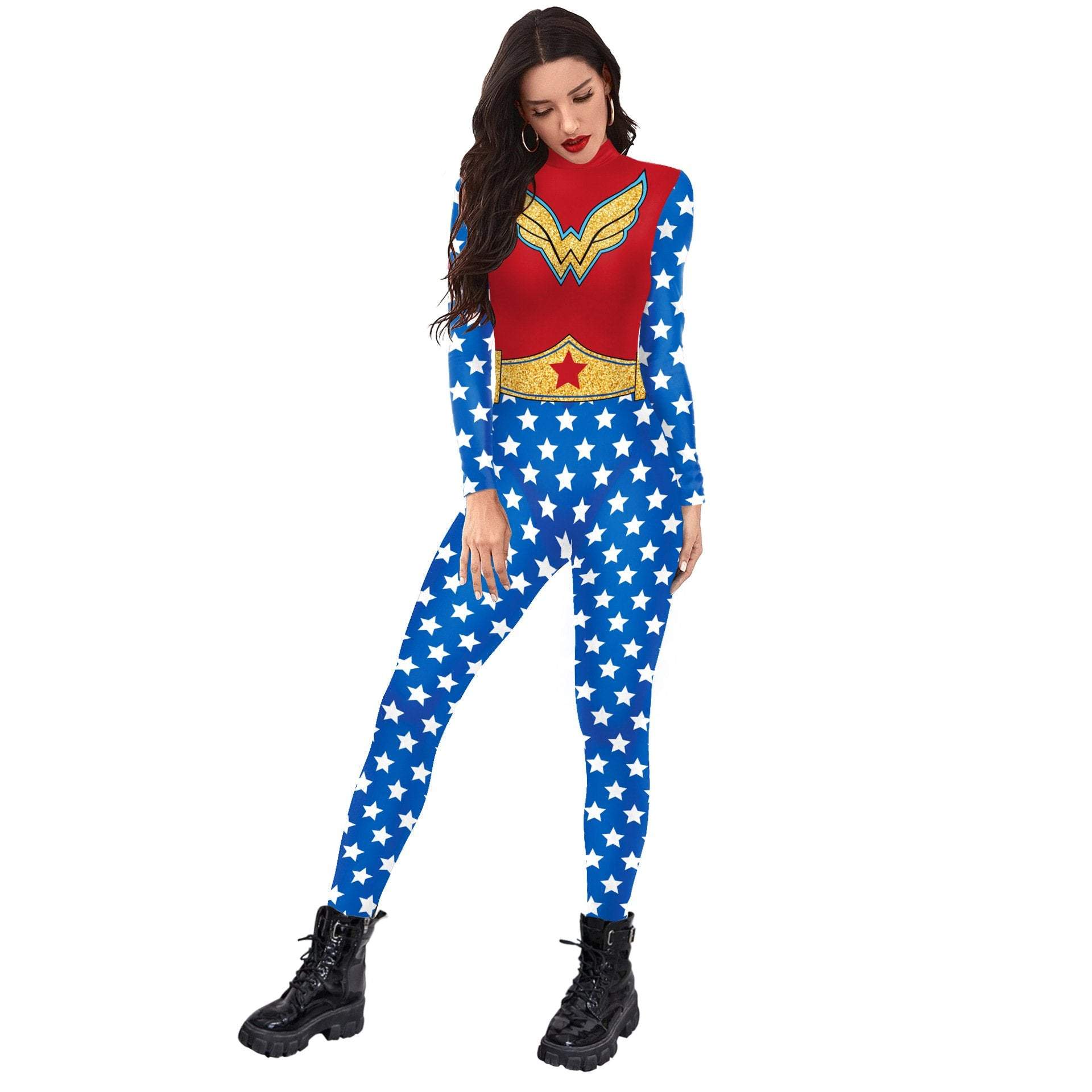 Superhero Wonder Woman Cosplay Costume Halloween Printed Jumpsuit Slim Fit Long Sleeve Party Outfit for Women-Pajamasbuy