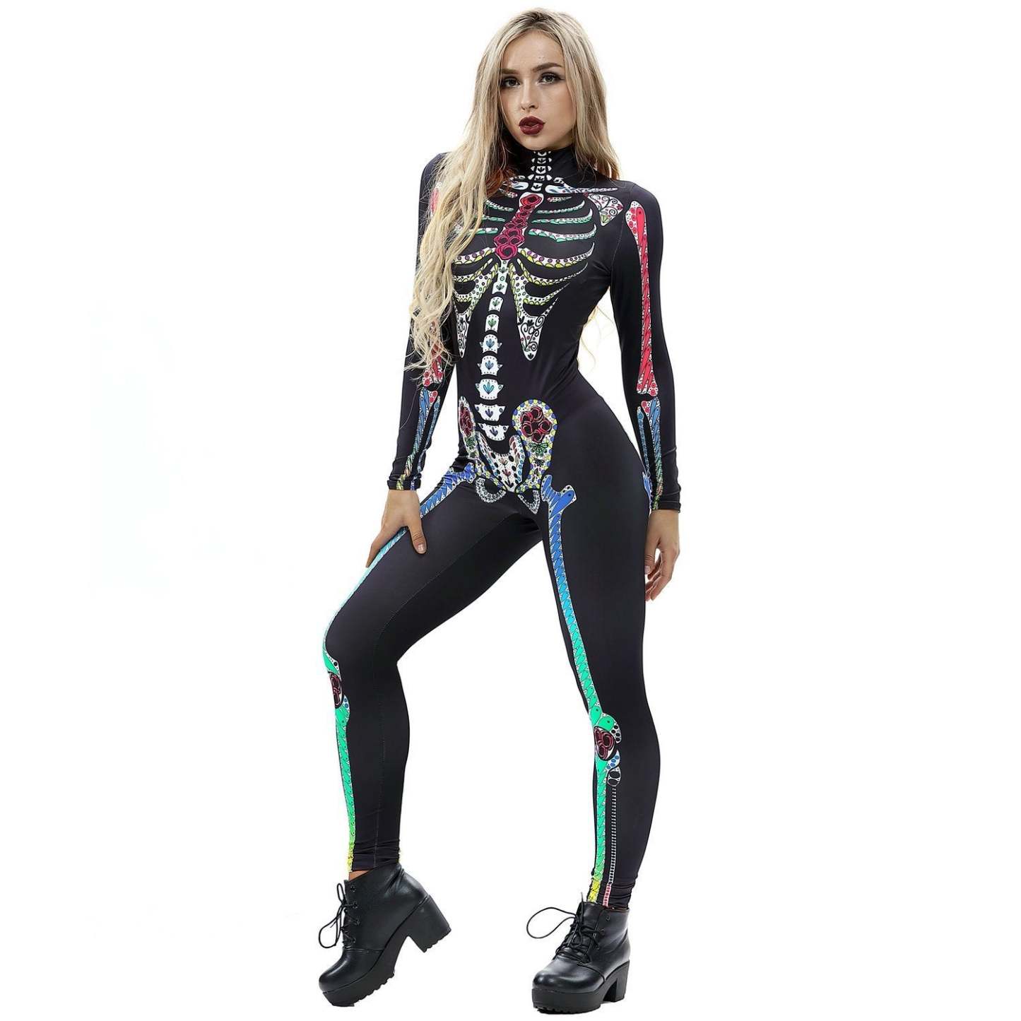 Colorful Skull Print Cosplay Halloween Costume Jumpsuit for Women