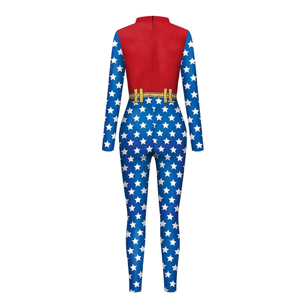 Superhero Wonder Woman Cosplay Costume Halloween Printed Jumpsuit Slim Fit Long Sleeve Party Outfit for Women