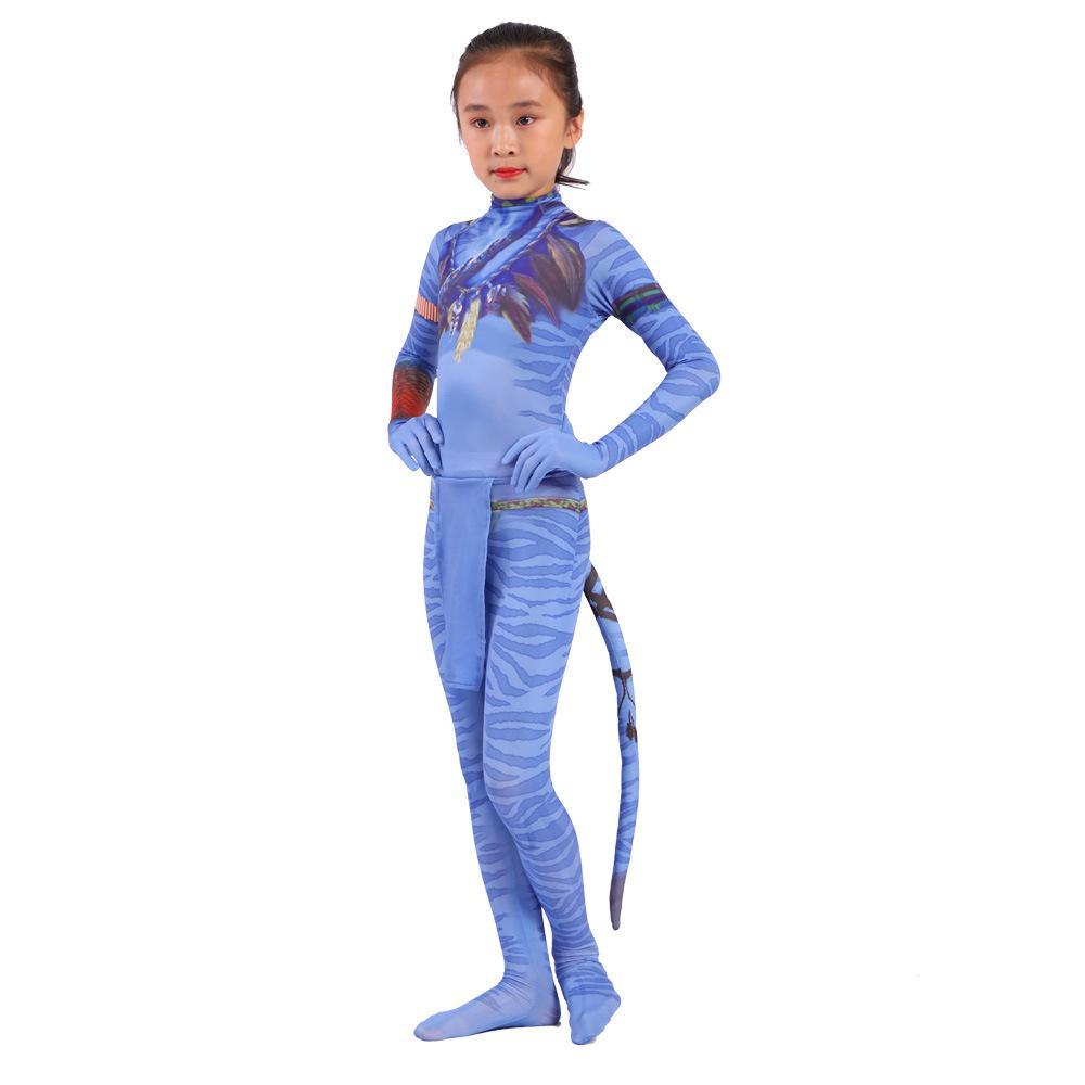 Avatar 2 Neytiri Battle Costume Tail Suit Unisex Jumpsuit Halloween Cosplay Zentai Bodysuit for Adult Kids
