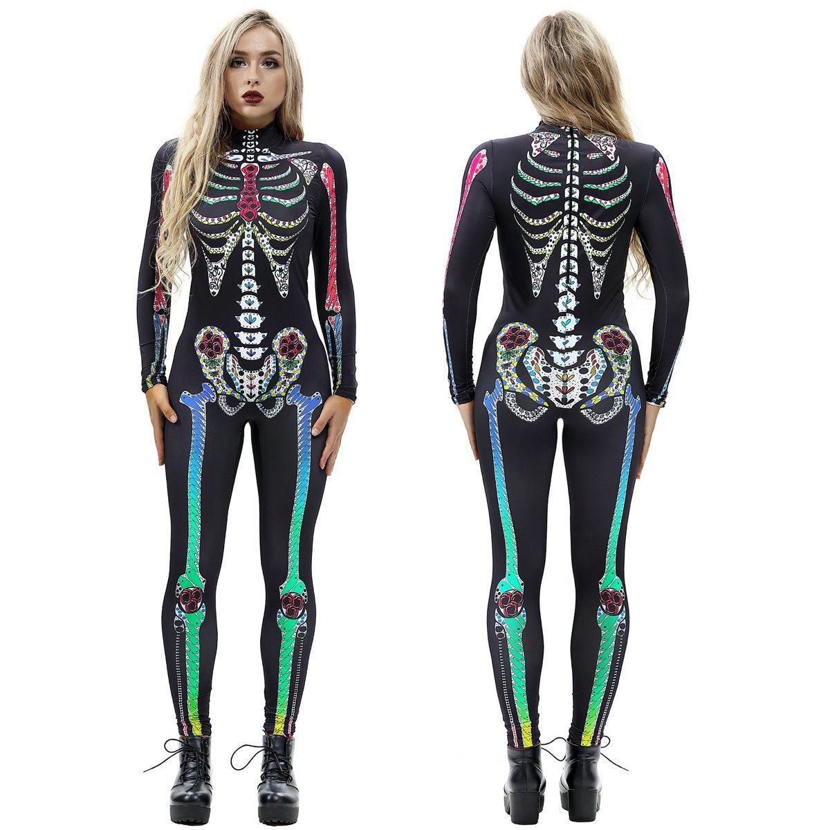 Colorful Skull Print Cosplay Halloween Costume Jumpsuit for Women