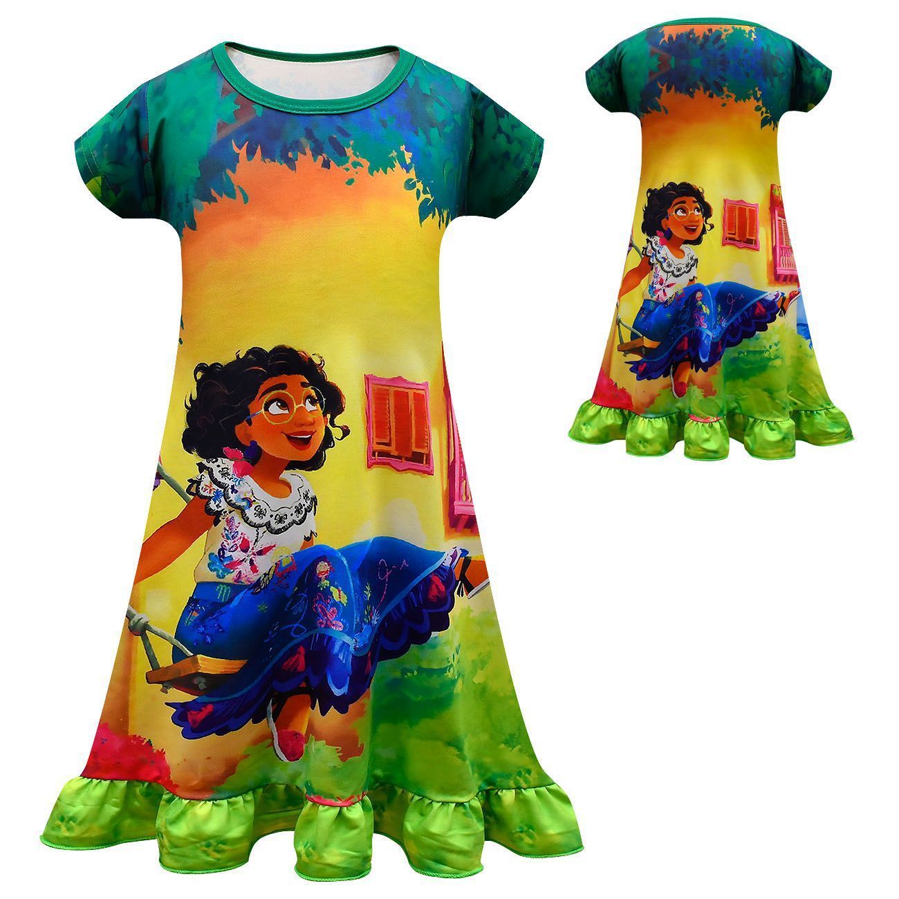 Encanto Mirabel Nightgown Little Girls Short Sleeve Ruffle Princess Pajamas Dress