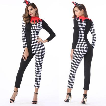 Adult Women Circus Clown Halloween Costume Jumpsuit Contrast Color-Pajamasbuy