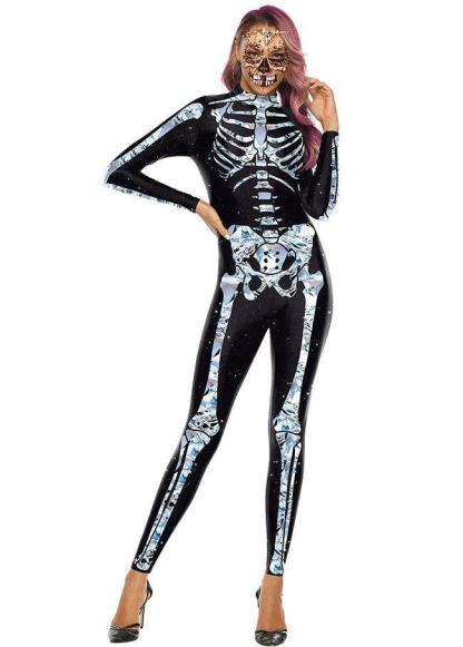 Halloween White Skeleton Elastic Bodycon Jumpsuit Cosplay Costume