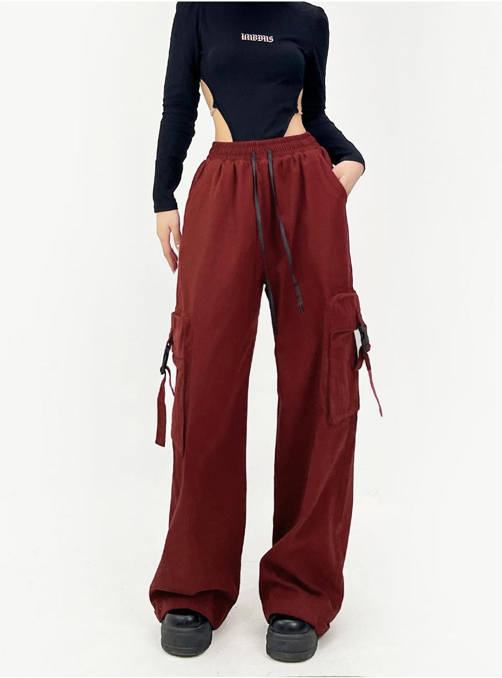 Large pocket overalls / black thin spring and summer women's loose wide-leg  cargo pants