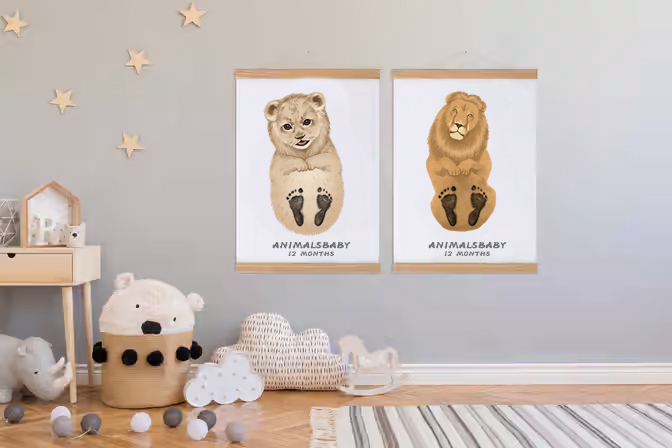 Baby Gift Personalized, Footprint Set, Mural Baby & Children's Room Animals, Little Lion?