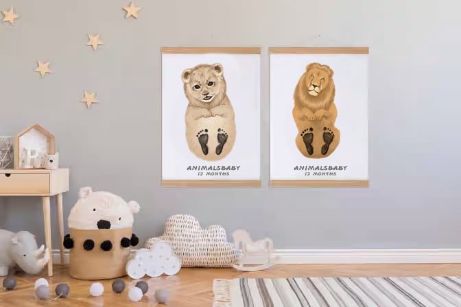 Baby Gift Personalized, Footprint Set, Mural Baby & Children's Room Animals, Old Lion ?