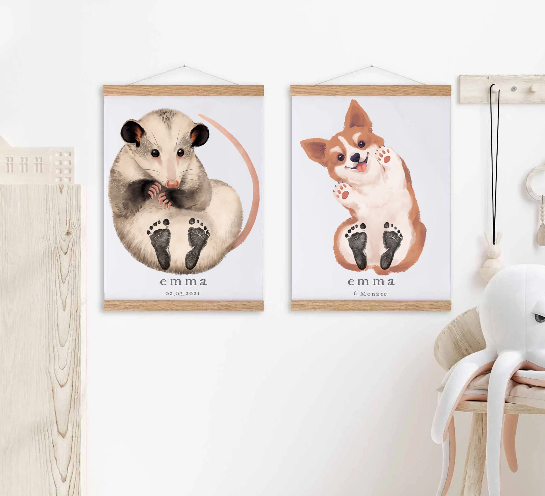 Baby Gift Personalized, Footprint Set, Mural Baby & Children's Room Animals, Opossum Baby Gift?