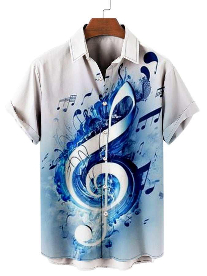 Music Element Fashion Print Short-Sleeved Lapel Shirt