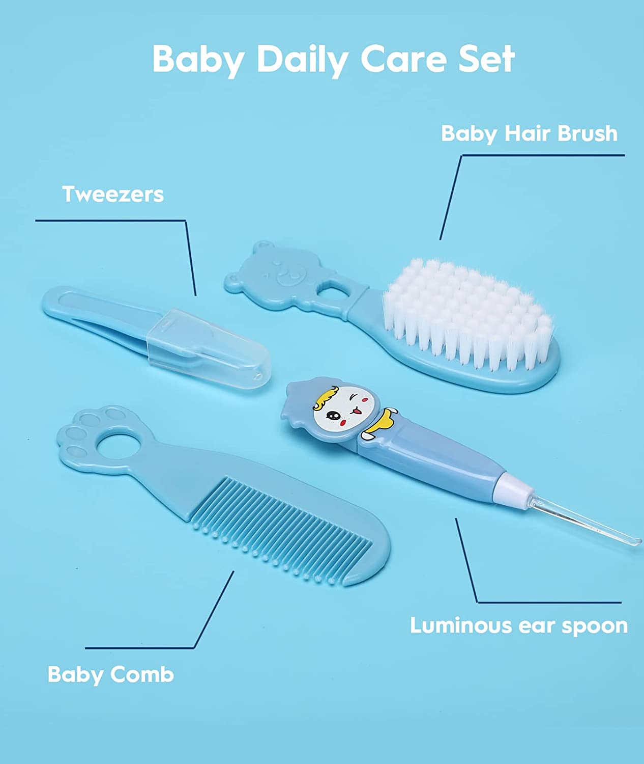 Baby Healthcare and Grooming Kit, Safety Newborn Nursery Care Set, with Hair Brush Comb, Nail Clipper, Thermometer, Pacifier Clip, Nasal Aspirator for Newborn Infant Baby Girls Boys (Blue)