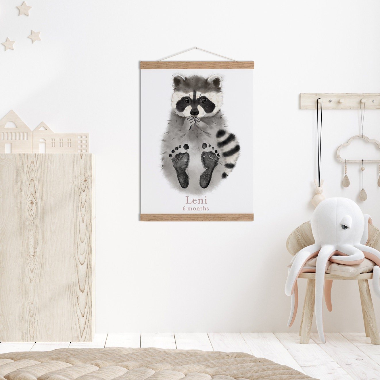 Baby Gift Personalized, Footprint Set, Mural Baby & Children's Room Animals, Raccoon Baby Gift?