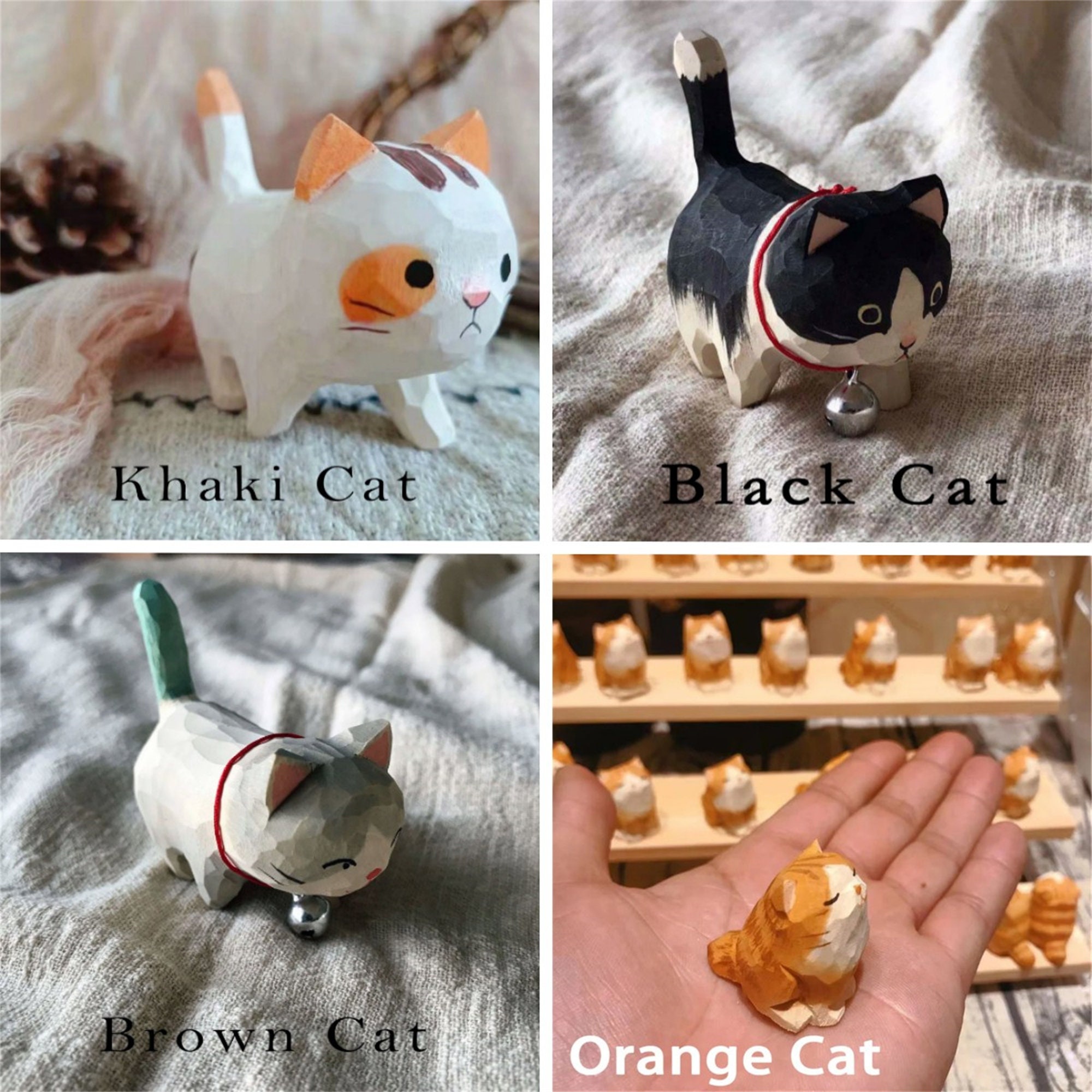 Hand-Carved Painted Orange Cat Figurines | Cat Lovers Gift | DIY Cat |