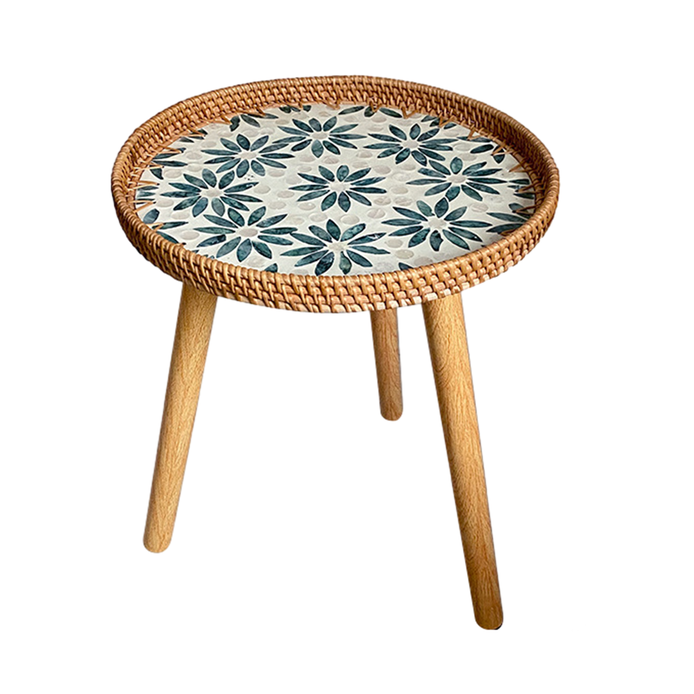 Rattan Side Table with Shell Serving Trays and Dismountable Wood Legs for Home-OneVint