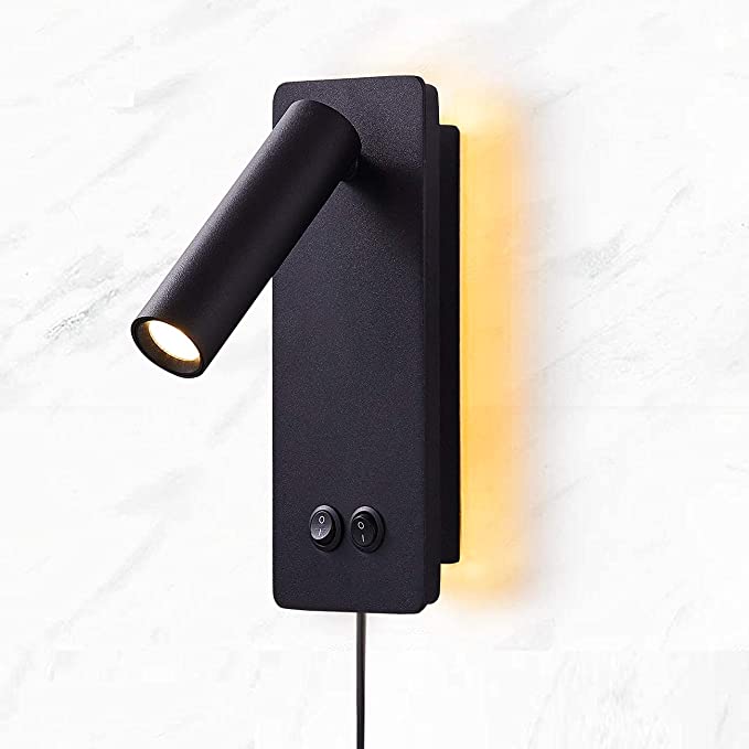LED Reading Wall Lights for Bedroom, Backlight Night Wall Lamp, Plug in Cord Adjustable Wall Sconces Surface Mount Book Reading Lamps, Backlight 3W+6W 3000k Warm White