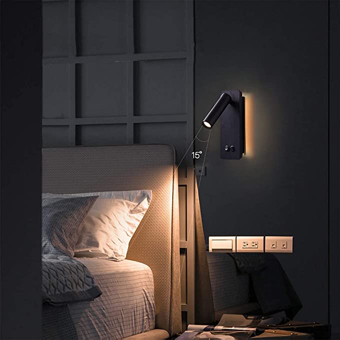 LED Reading Wall Lights for Bedroom, Backlight Night Wall Lamp, Plug in Cord Adjustable Wall Sconces Surface Mount Book Reading Lamps, Backlight 3W+6W 3000k Warm White