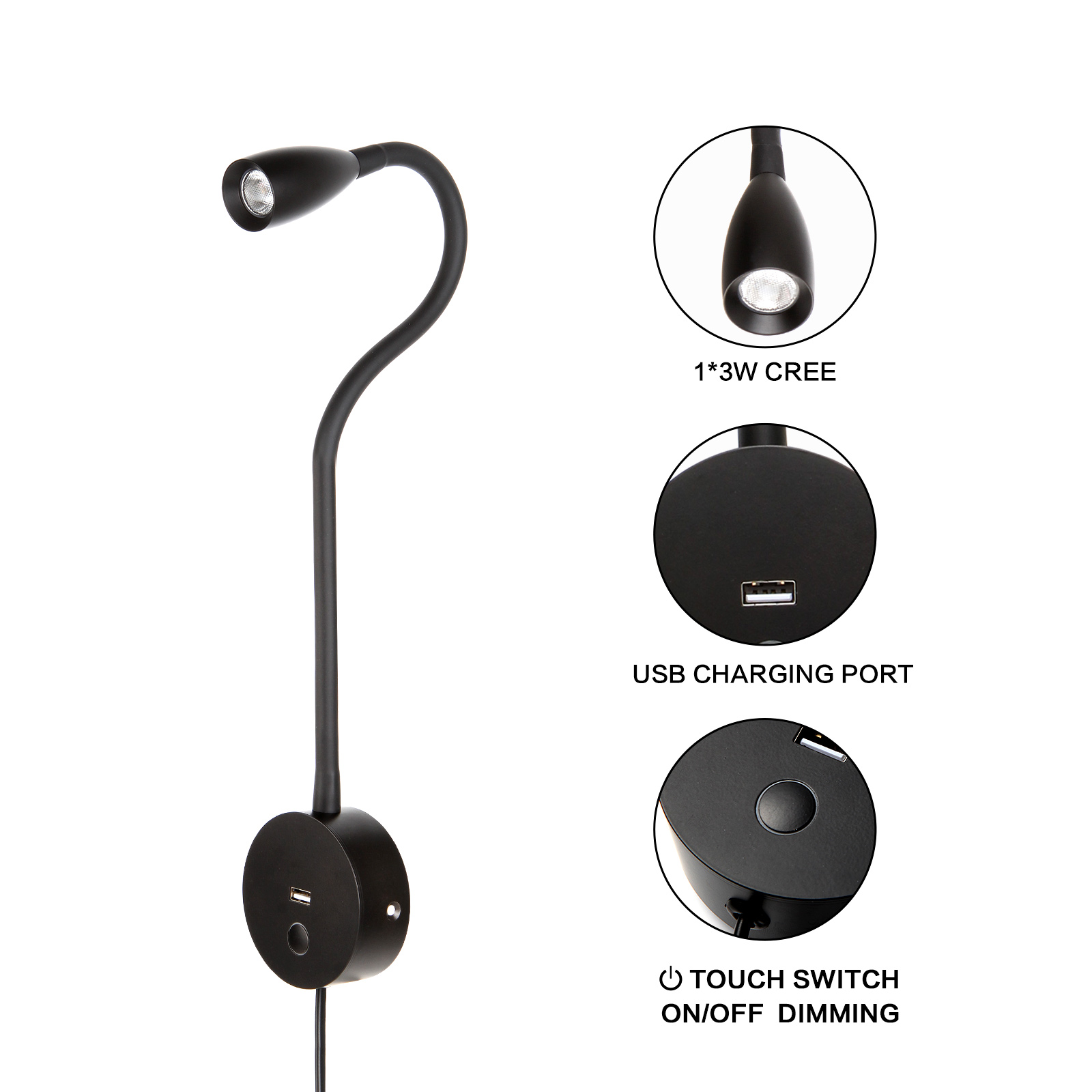 Meanyee Wall Reading lamp Bedside Lights with USB Charging Port/Touch dimmable Switch/Adjustable arm/1 * 3W led/Warm White 3000K