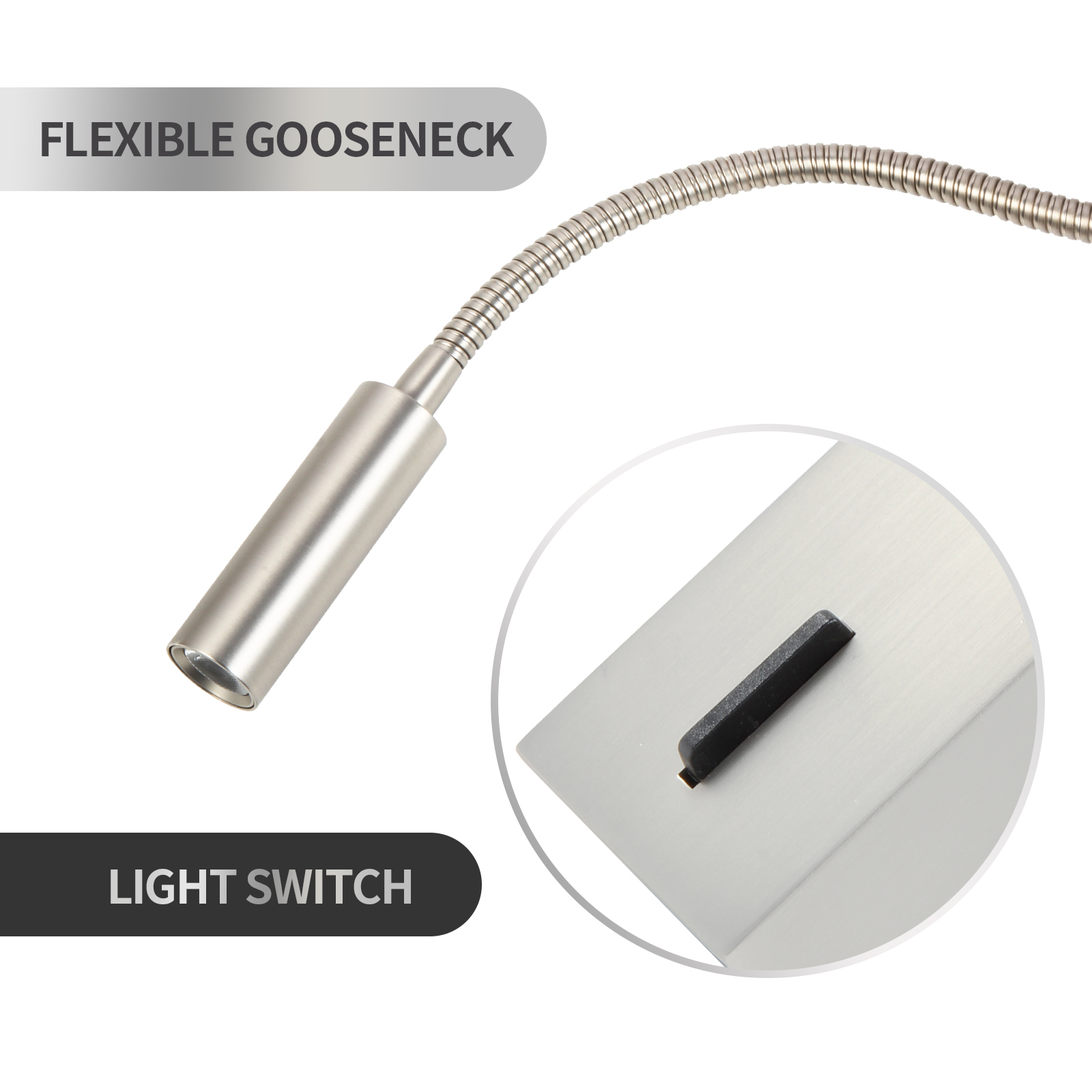 Meanyee Wall Mount Reading Lamp Headboard Bedside Lights with Switch/Flexibel Gooseneck/Surface/Brushed Nickel/3000K CREE LED/My-WN188N
