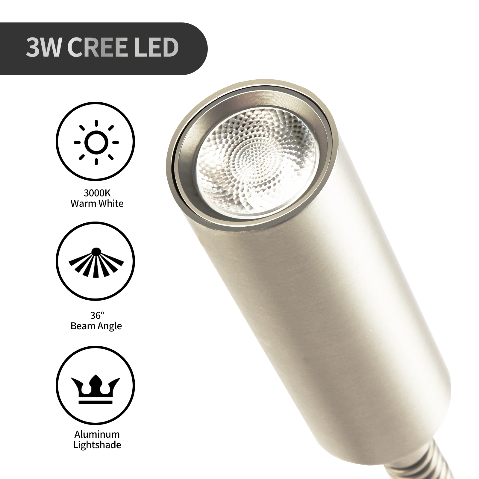 Meanyee Wall Mount Reading Lamp Headboard Bedside Lights with Switch/Flexibel Gooseneck/Surface/Brushed Nickel/3000K CREE LED/My-WN188N