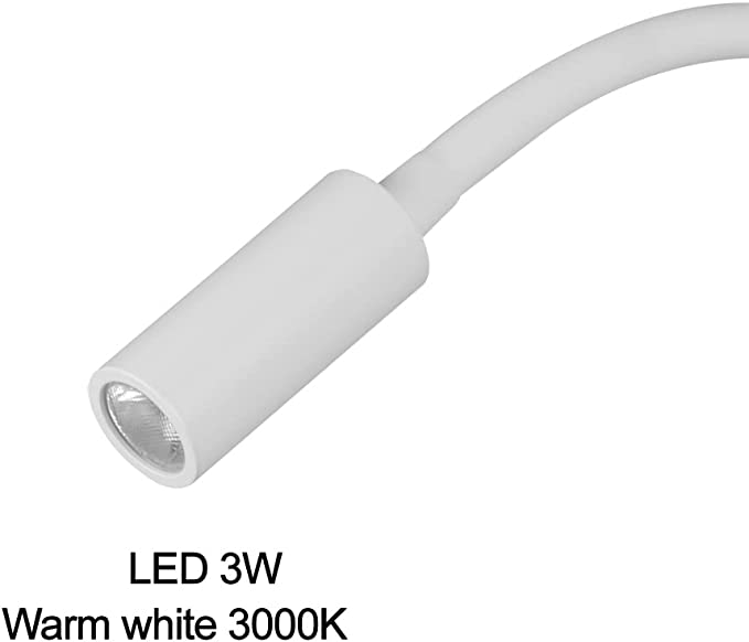Meanyee Wall Mounted Reading Lamp with USB Charger Port /3W Warm White 3000K/ Plug Cord / Touch Dimmable / Matt White