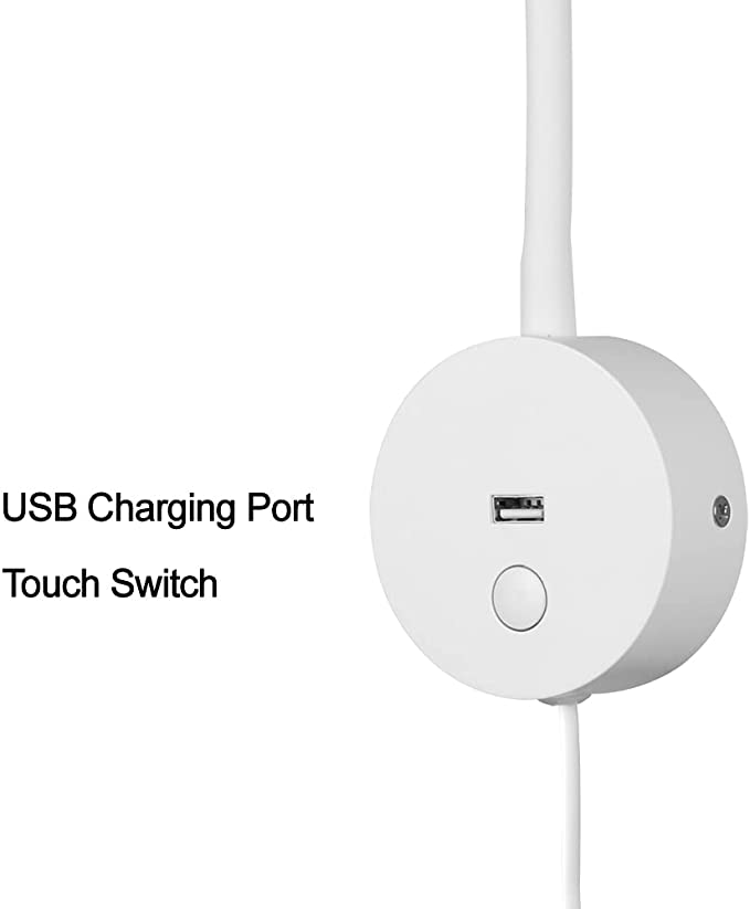 Meanyee Wall Mounted Reading Lamp with USB Charger Port /3W Warm White 3000K/ Plug Cord / Touch Dimmable / Matt White