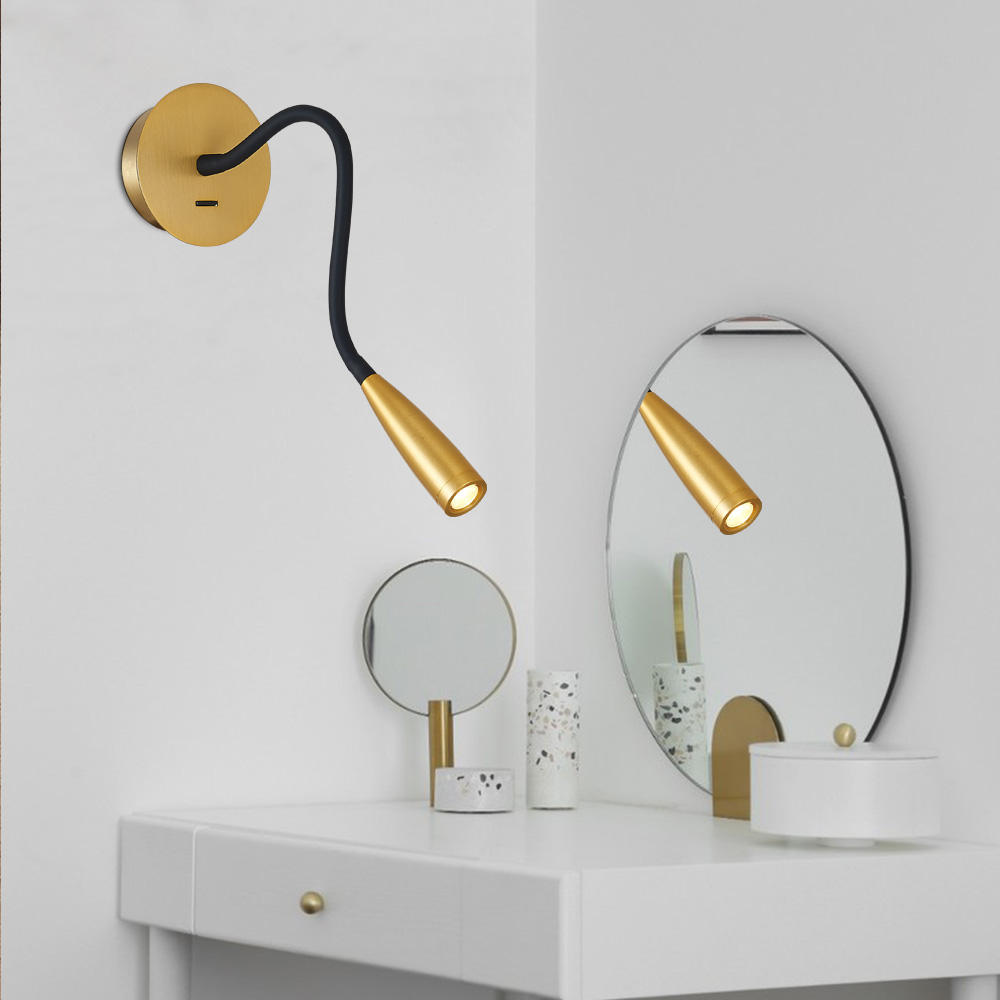 Meanyee Bronze Round Hose Sconce Wall  Light Flexible  Gooseneck Brass Indoor Reading Lamps Wall Mount Bedside Hotel Wall Lamps
