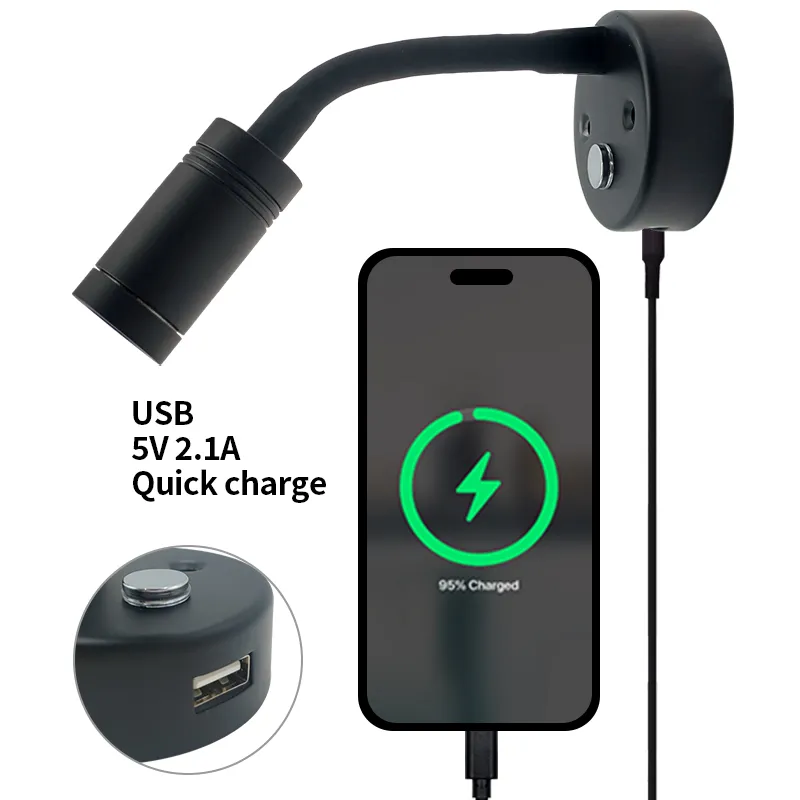 Meanyee 2W Flexible gooseneck reading lamp wall light with touch switch / USB port/ DC 12-24V/3 Color Temperature/ Boats Trucks Bedside RV Reading Lamp / Warm Light