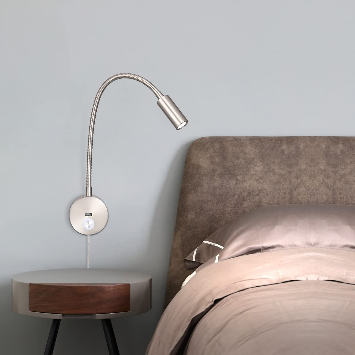 Meanyee Wall mount reading light bedside lamp gooseneck personal reading light touch dimmable USB port 3W brush Nickl