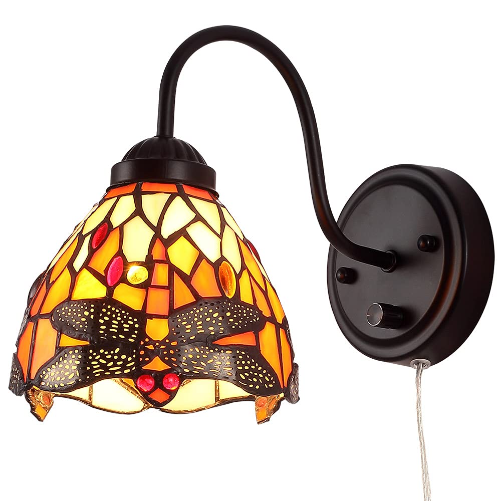 Bedside Wall Mount Lamp with Dimmable Switch, Industrial Vintage Gooseneck Wall Sconce with Plug in Cord, Dragonfly Stained Glass Shade Wall Light Perfect for Bedroom, Living Room and Hotel