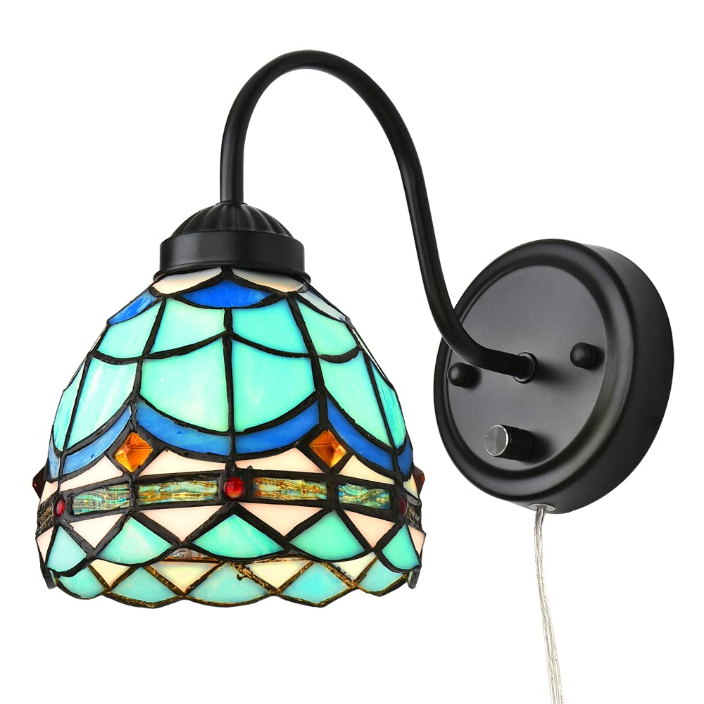 Bedside Wall Mount Lamp with Dimmable Switch, Industrial Vintage Gooseneck Wall Sconce with Plug in Cord, Dragonfly Stained Glass Shade Wall Light Perfect for Bedroom, Living Room and Hotel