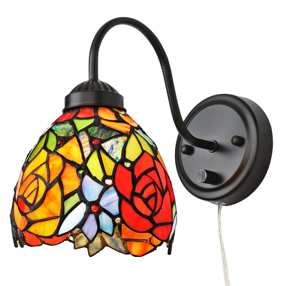Bedside Wall Mount Lamp with Dimmable Switch, Industrial Vintage Gooseneck Wall Sconce with Plug in Cord, Dragonfly Stained Glass Shade Wall Light Perfect for Bedroom, Living Room and Hotel