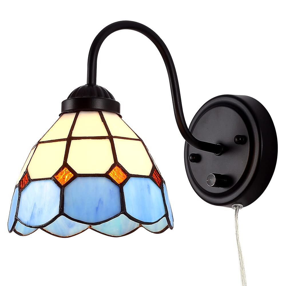 Bedside Wall Mount Lamp with Dimmable Switch, Industrial Vintage Gooseneck Wall Sconce with Plug in Cord, Dragonfly Stained Glass Shade Wall Light Perfect for Bedroom, Living Room and Hotel