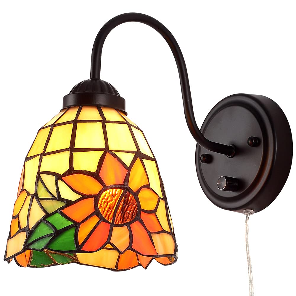 Bedside Wall Mount Lamp with Dimmable Switch, Industrial Vintage Gooseneck Wall Sconce with Plug in Cord, Dragonfly Stained Glass Shade Wall Light Perfect for Bedroom, Living Room and Hotel