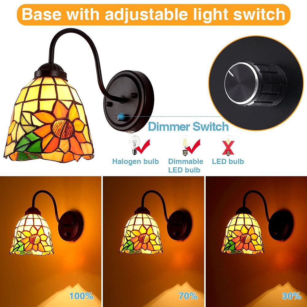 Bedside Wall Mount Lamp with Dimmable Switch, Industrial Vintage Gooseneck Wall Sconce with Plug in Cord, Dragonfly Stained Glass Shade Wall Light Perfect for Bedroom, Living Room and Hotel