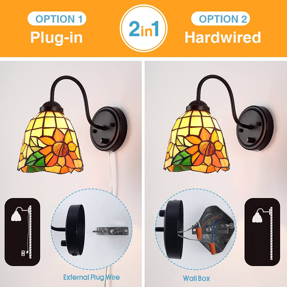 Bedside Wall Mount Lamp with Dimmable Switch, Industrial Vintage Gooseneck Wall Sconce with Plug in Cord, Dragonfly Stained Glass Shade Wall Light Perfect for Bedroom, Living Room and Hotel