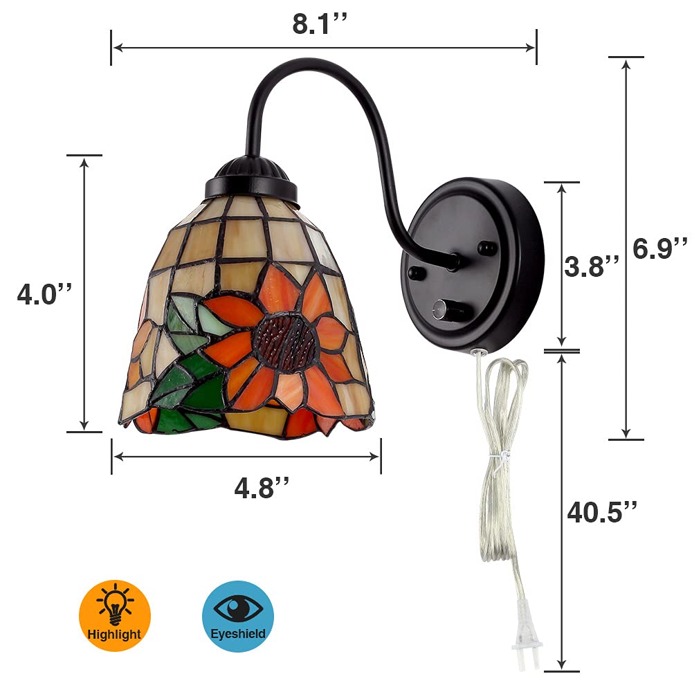 Bedside Wall Mount Lamp with Dimmable Switch, Industrial Vintage Gooseneck Wall Sconce with Plug in Cord, Dragonfly Stained Glass Shade Wall Light Perfect for Bedroom, Living Room and Hotel
