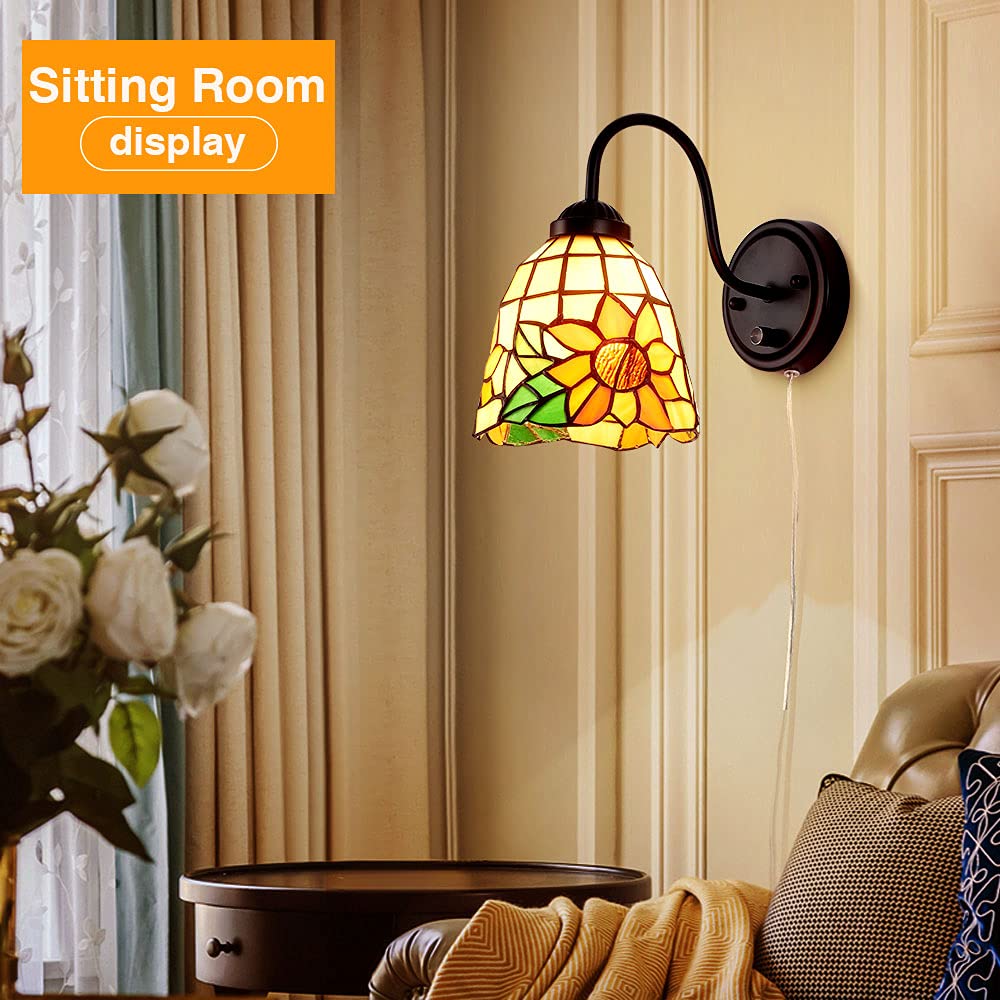 Bedside Wall Mount Lamp with Dimmable Switch, Industrial Vintage Gooseneck Wall Sconce with Plug in Cord, Dragonfly Stained Glass Shade Wall Light Perfect for Bedroom, Living Room and Hotel