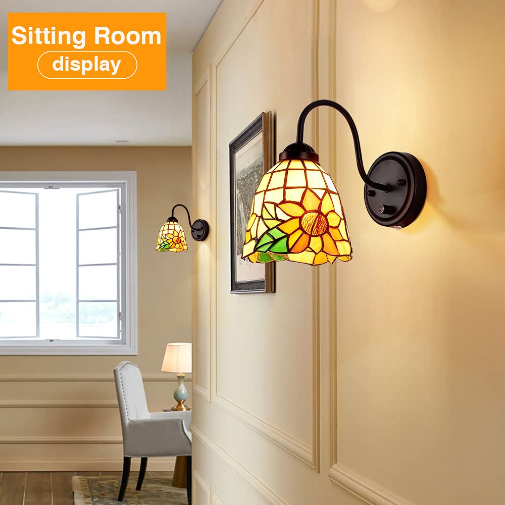 Bedside Wall Mount Lamp with Dimmable Switch, Industrial Vintage Gooseneck Wall Sconce with Plug in Cord, Dragonfly Stained Glass Shade Wall Light Perfect for Bedroom, Living Room and Hotel