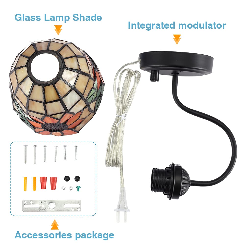 Bedside Wall Mount Lamp with Dimmable Switch, Industrial Vintage Gooseneck Wall Sconce with Plug in Cord, Dragonfly Stained Glass Shade Wall Light Perfect for Bedroom, Living Room and Hotel