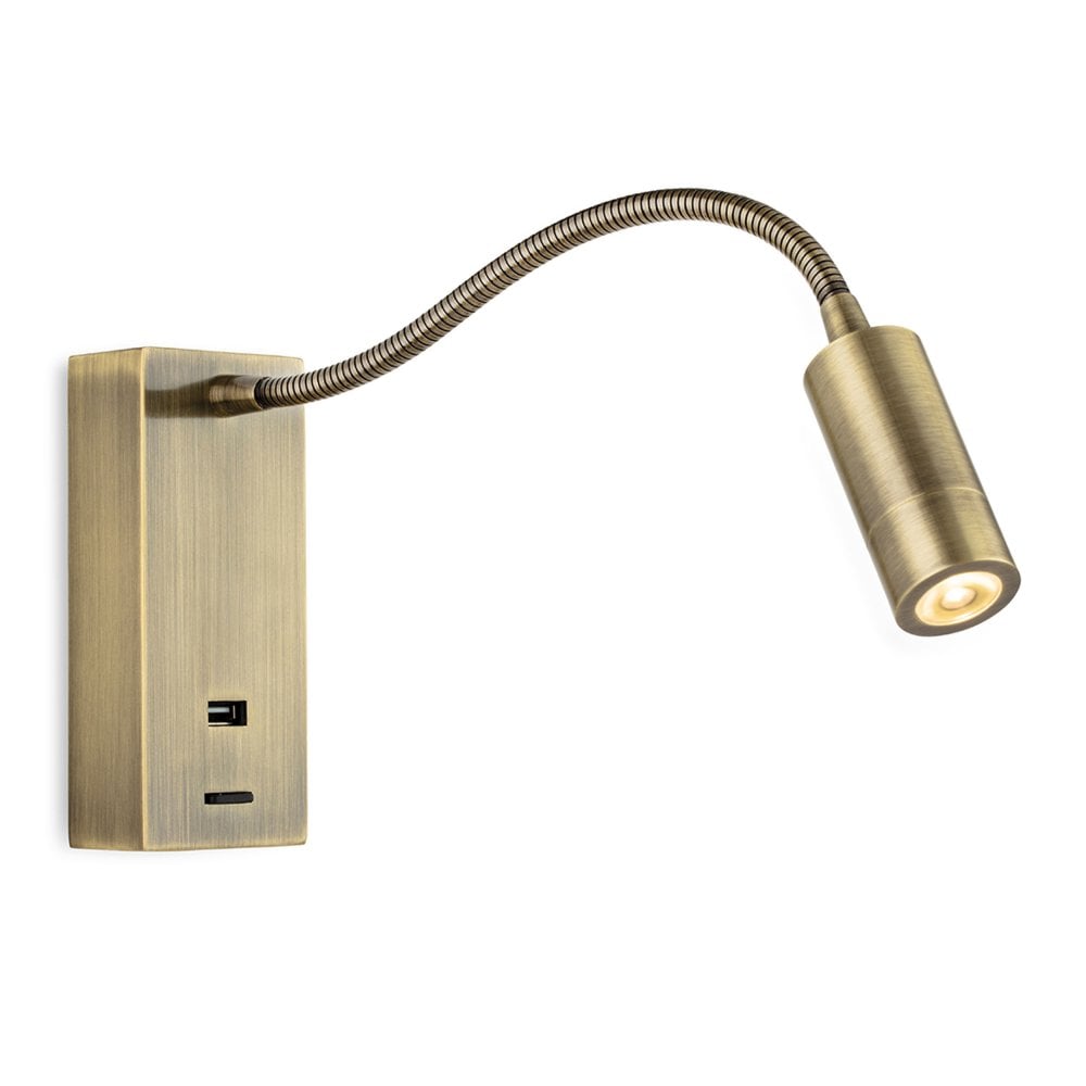 Clifton Switched Flexi LED Reader Light with USB Port in Antique Brass, 