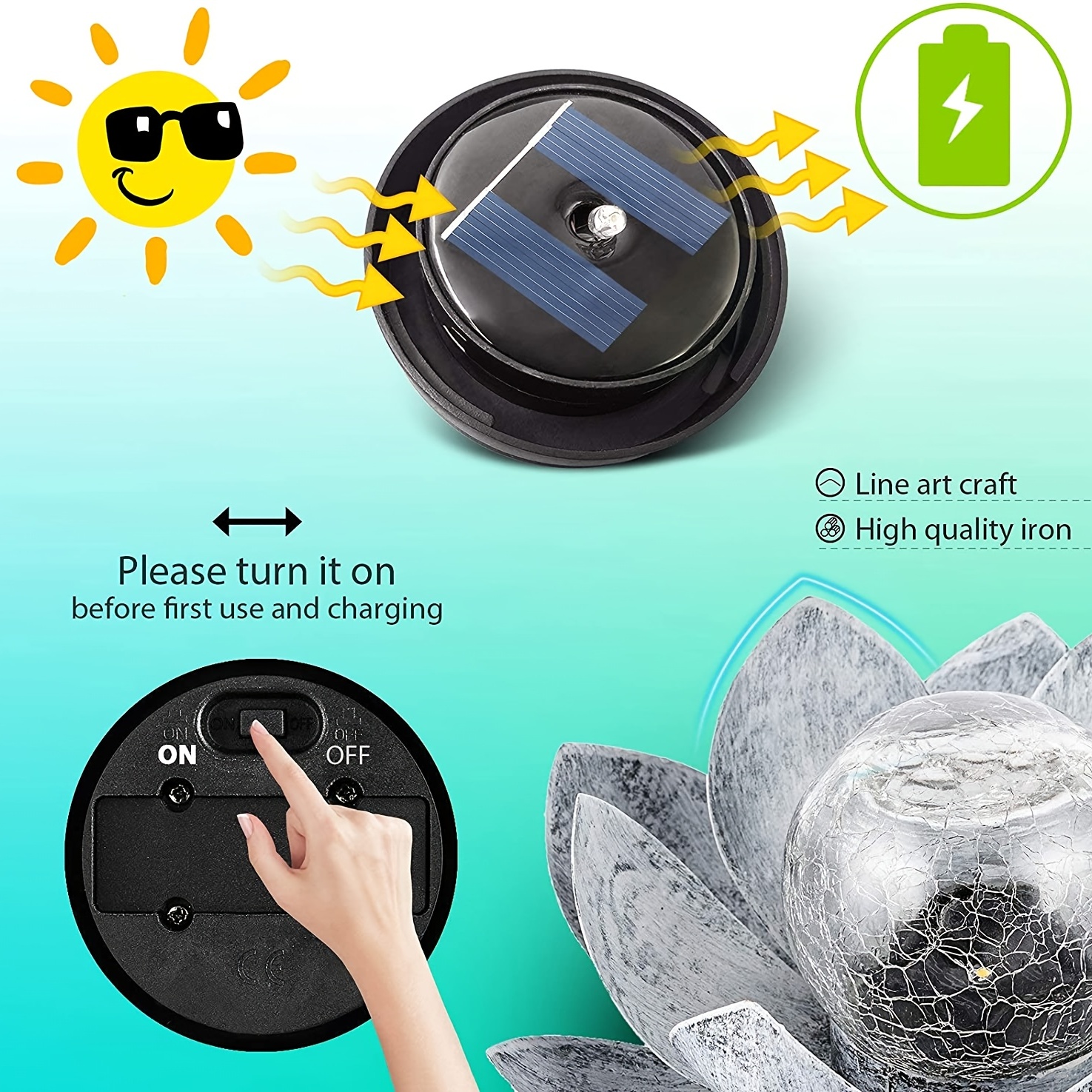 Solar Lights Outdoor Garden, Crackle Globe Glass Lotus Decoration