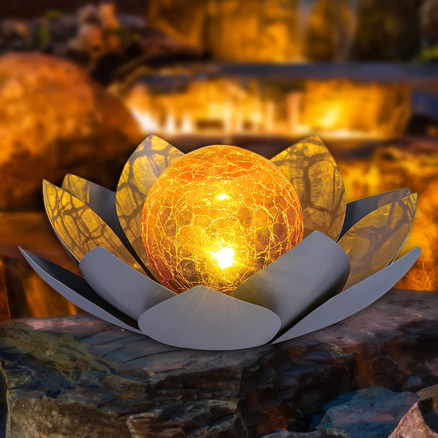 Solar Lights Outdoor Garden, Crackle Globe Glass Lotus Decoration