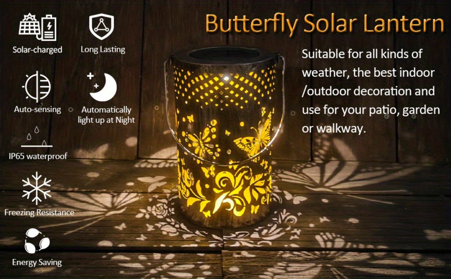 Solar-Powered Butterfly Cut-Out Metal Lantern with LED Light