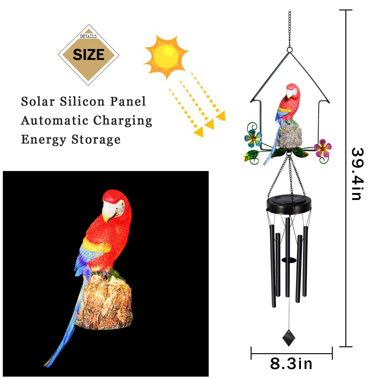 Solar-Powered Parrot Wind Chime - Red